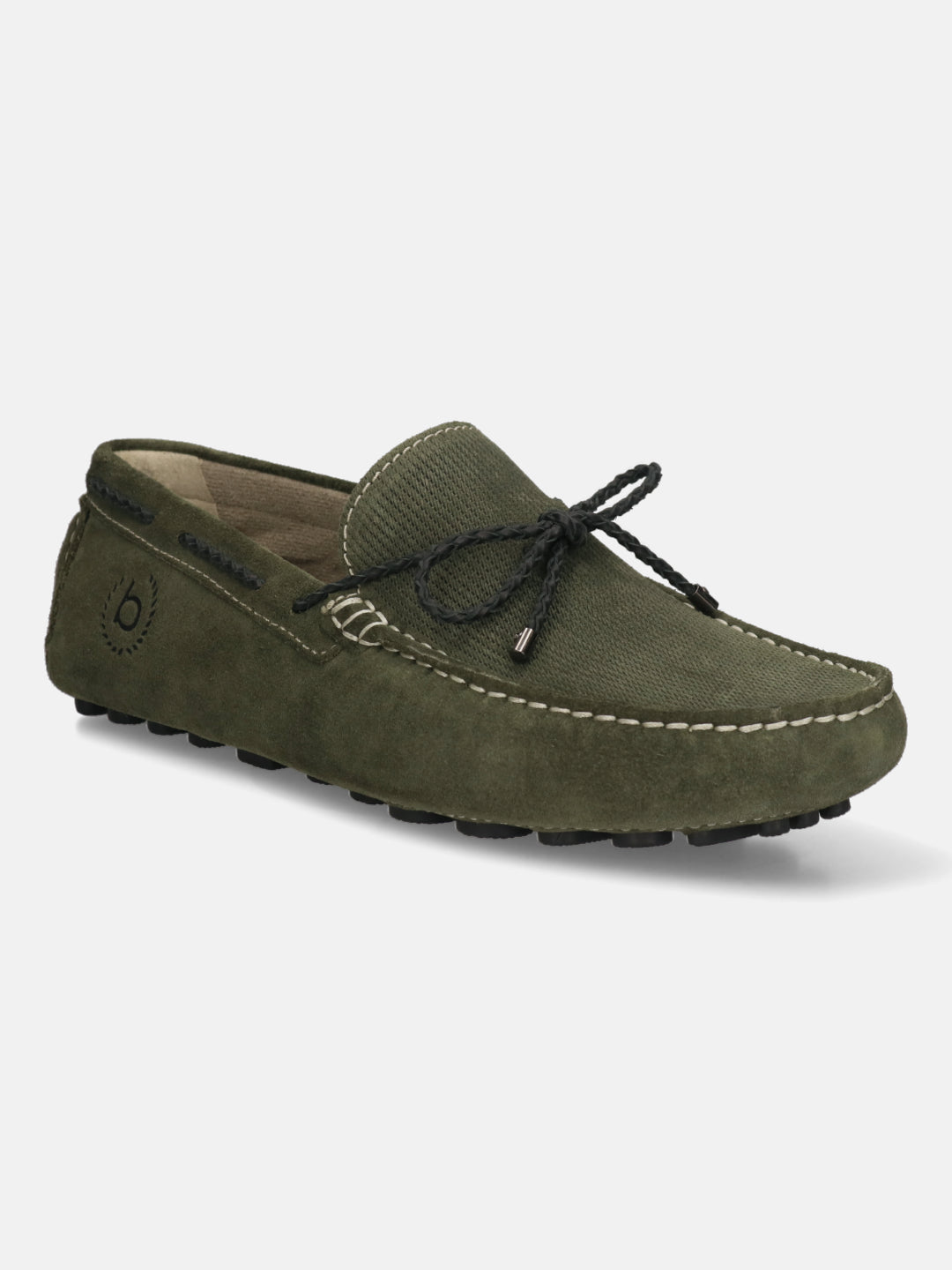 Men's Bugatti drivers green leather shoes with a round toe and apron toe , a tpr outsole.