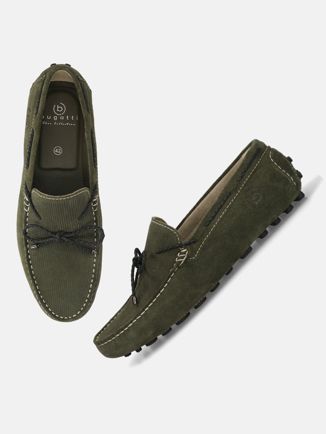 Men's Bugatti drivers green leather shoes with a round toe and apron toe , a tpr outsole.