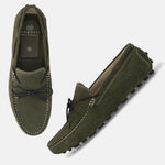 Men's Bugatti drivers green leather shoes with a round toe and apron toe , a tpr outsole.