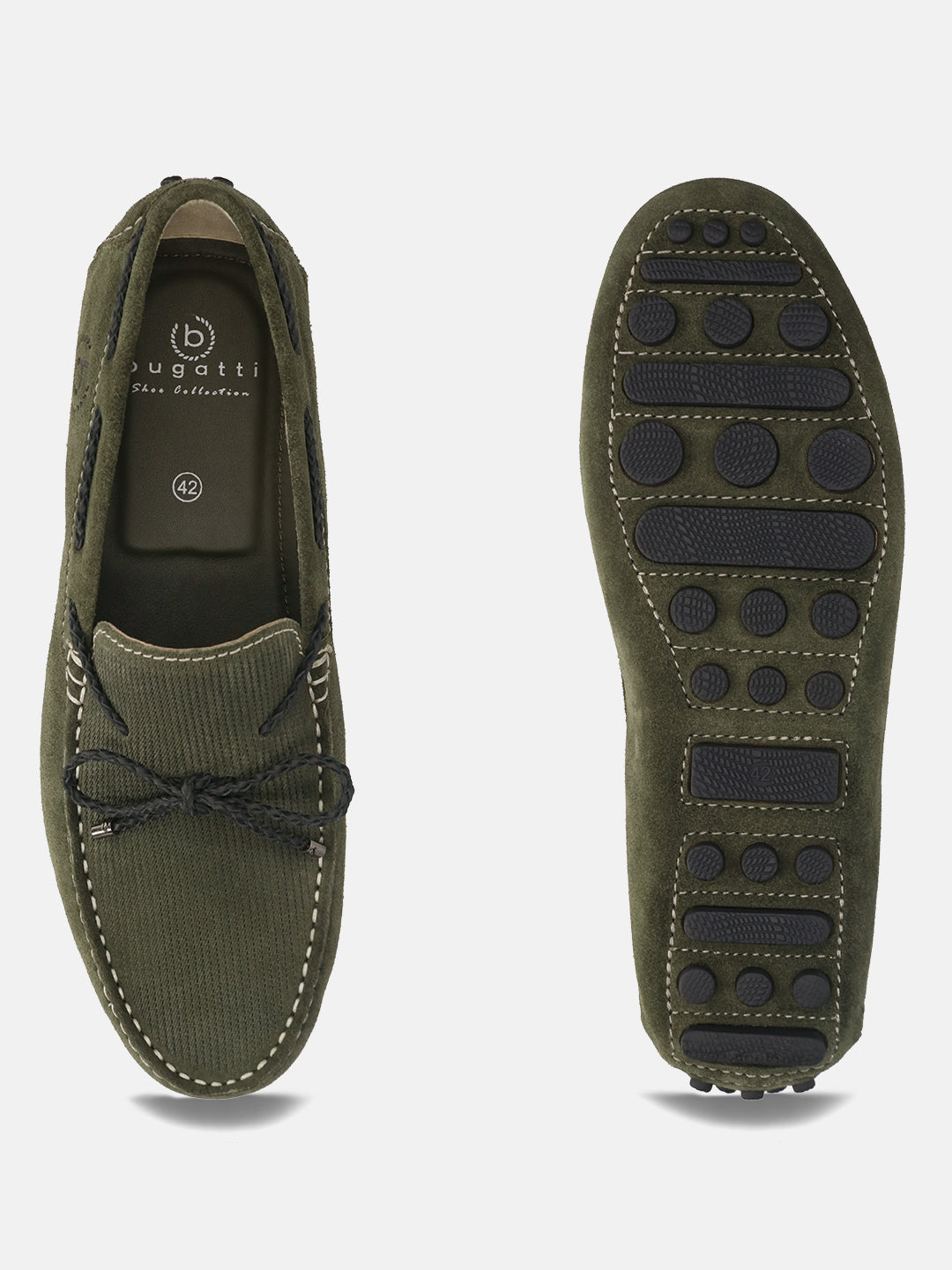 Men's Bugatti drivers green leather shoes with a round toe and apron toe , a tpr outsole.