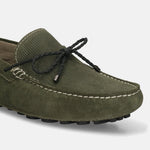 Men's Bugatti drivers green leather shoes with a round toe and apron toe , a tpr outsole.
