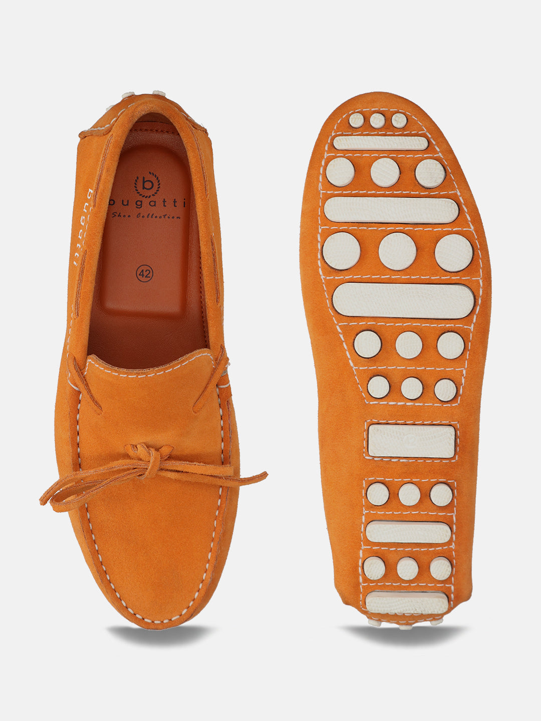 Men's Bugatti drivers red leather shoes with a round toe and apron toe , a tpr outsole.