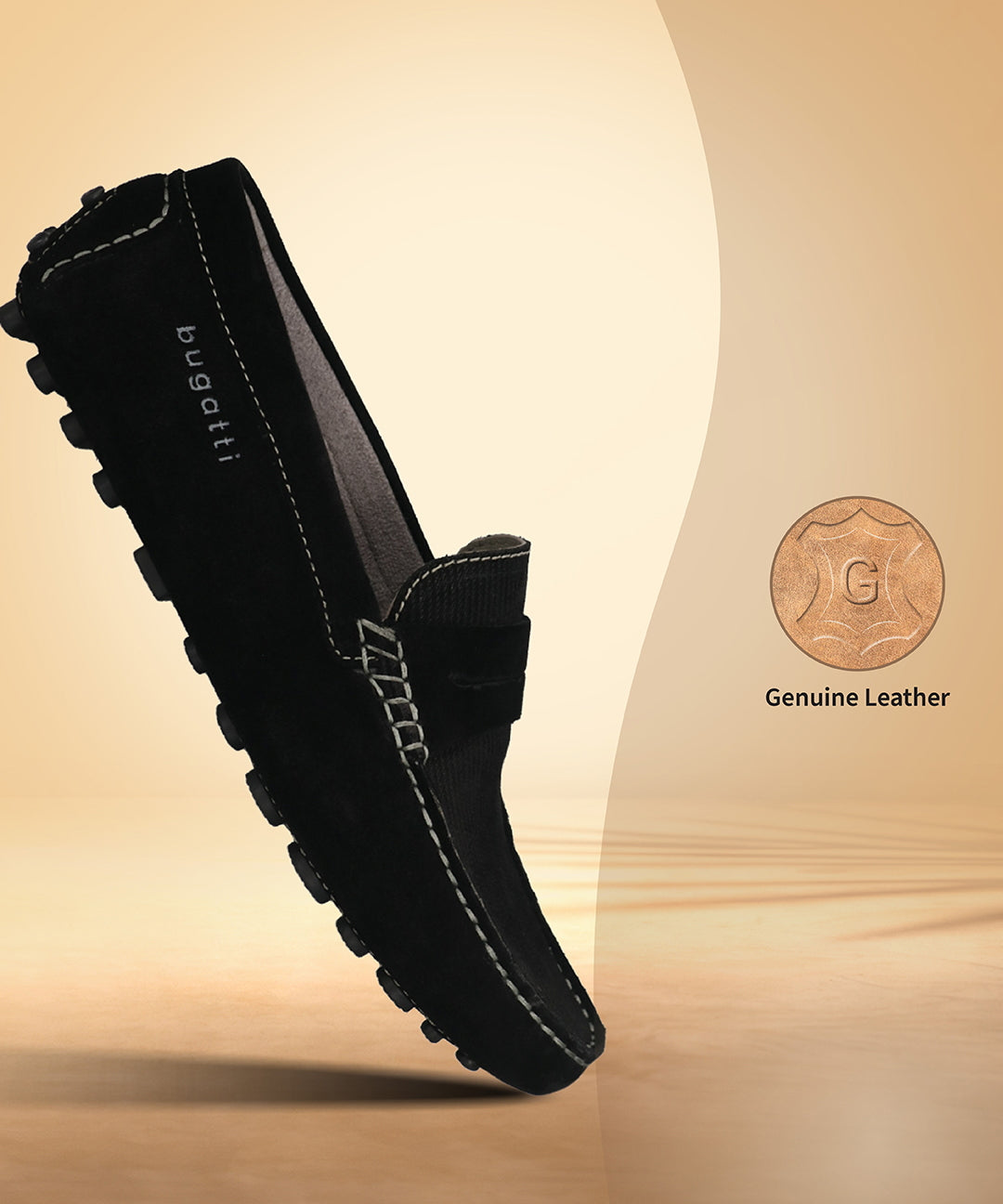 Men's Bugatti drivers black leather shoes with a round toe and apron toe , a tpr outsole.