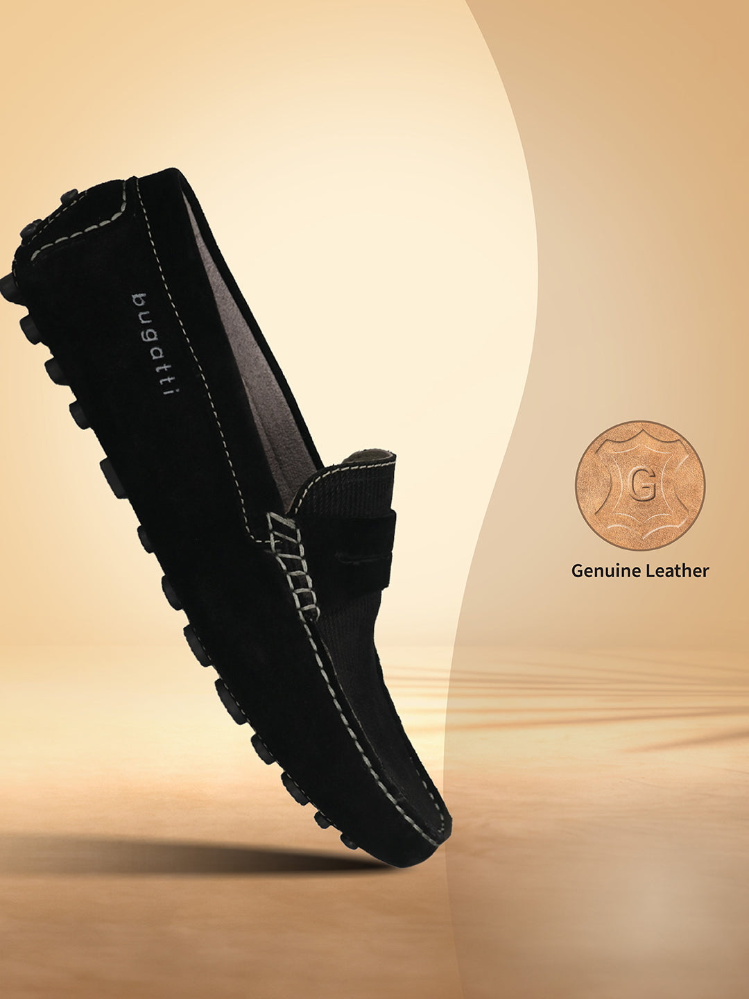 Men's Bugatti drivers black leather shoes with a round toe and apron toe , a tpr outsole.