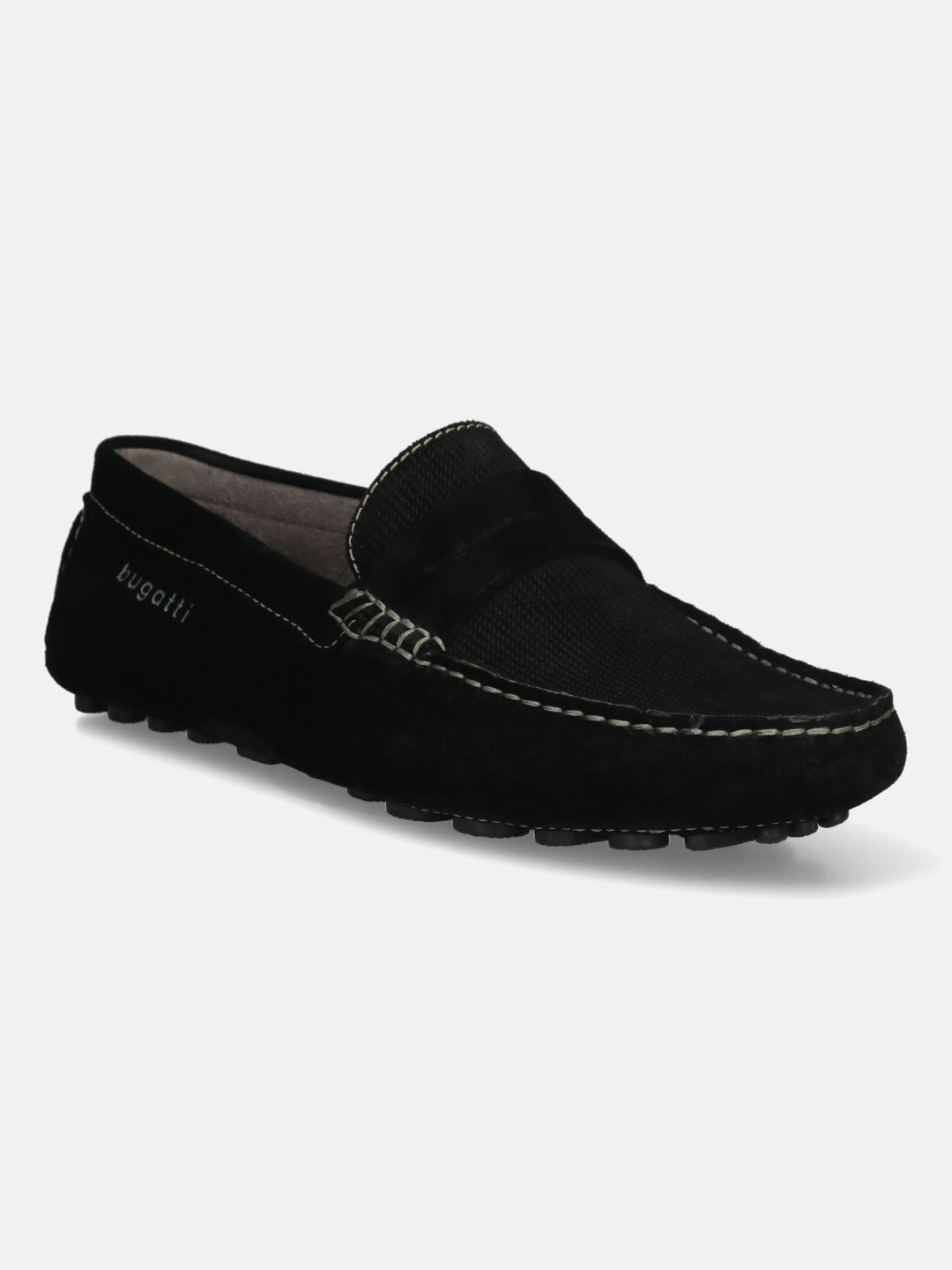 Men's Bugatti drivers black leather shoes with a round toe and apron toe , a tpr outsole.