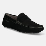 Men's Bugatti drivers black leather shoes with a round toe and apron toe , a tpr outsole.