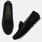 Men's Bugatti drivers black leather shoes with a round toe and apron toe , a tpr outsole.
