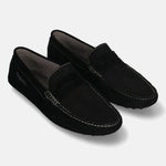 Men's Bugatti drivers black leather shoes with a round toe and apron toe , a tpr outsole.
