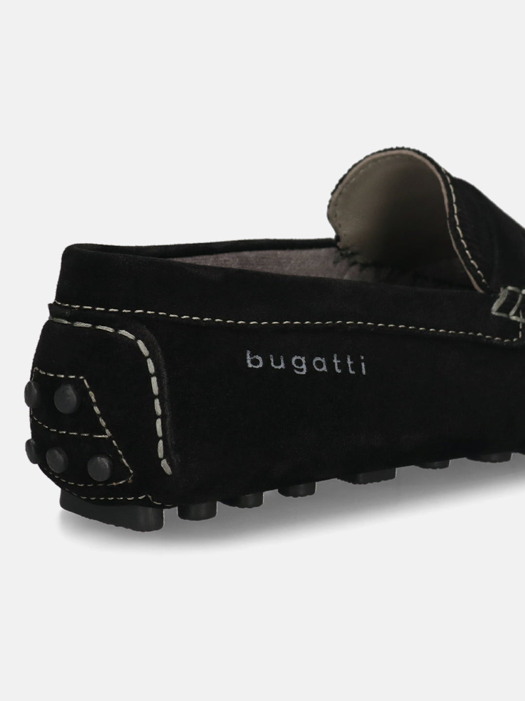 Men's Bugatti drivers black leather shoes with a round toe and apron toe , a tpr outsole.