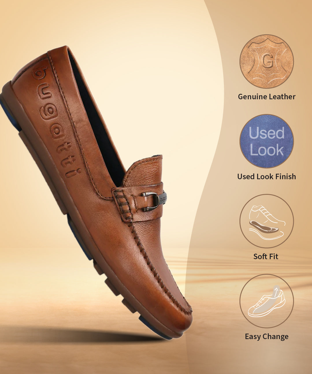 A cognac Men's bugatti Drivers featuring a round toe apron toe, zero heels heel. Made from premium genuine leather with a durable rubber outsole, this slip-on design offers both style and comfort.