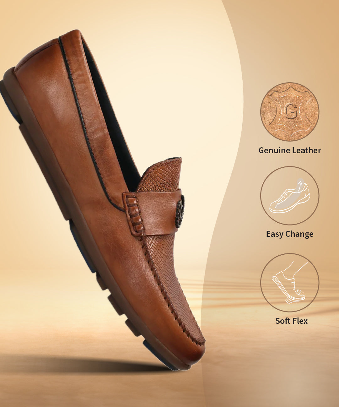 A cognac Men's bugatti Drivers featuring a round toe apron toe, zero heels heel. Made from premium genuine leather with a durable rubber outsole, this slip-on design offers both style and comfort.