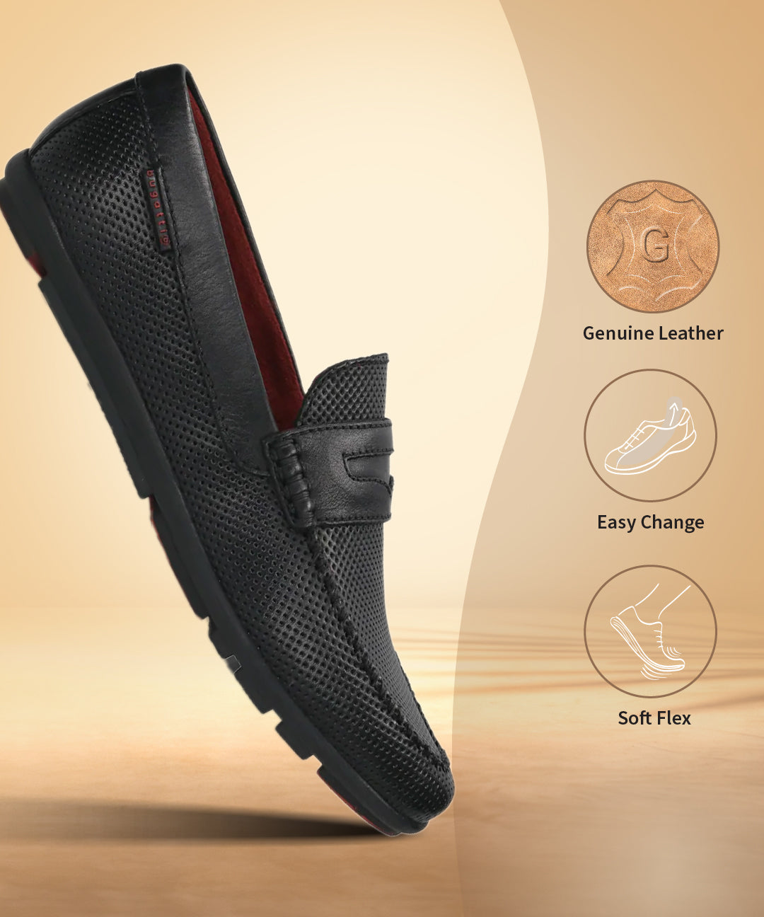 A black Men's bugatti Drivers featuring a round toe apron toe, zero heels heel. Made from premium genuine leather with a durable rubber outsole, this slip-on design offers both style and comfort.