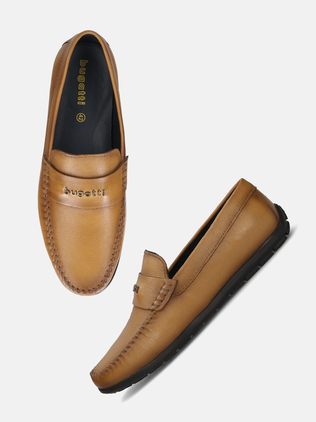 Men's Bugatti drivers yellow leather shoes with a round toe and apron toe , a tpr outsole.