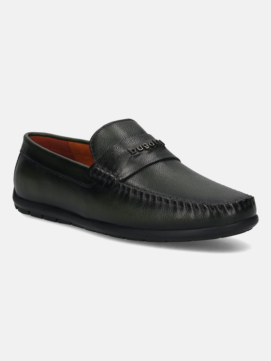 Men's Bugatti drivers green leather shoes with a round toe and apron toe , a tpr outsole.