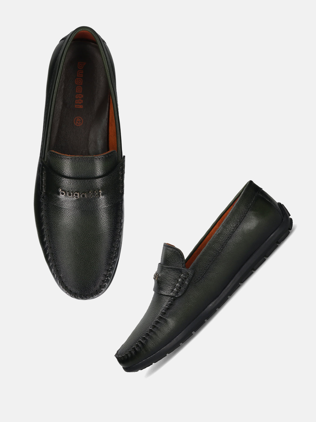 Men's Bugatti drivers green leather shoes with a round toe and apron toe , a tpr outsole.