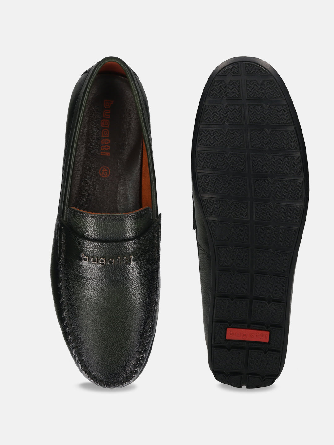 Men's Bugatti drivers green leather shoes with a round toe and apron toe , a tpr outsole.
