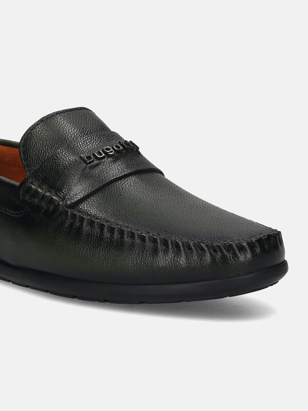 Men's Bugatti drivers green leather shoes with a round toe and apron toe , a tpr outsole.