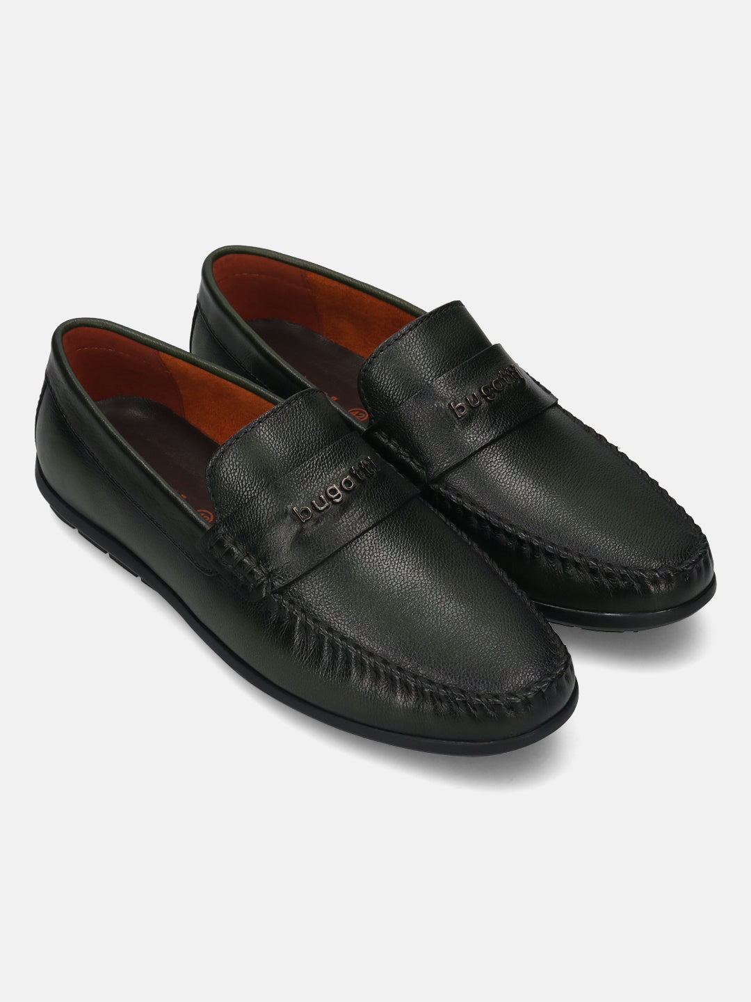 Men's Bugatti drivers green leather shoes with a round toe and apron toe , a tpr outsole.