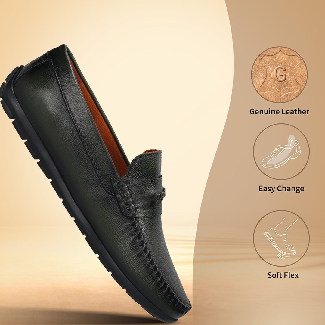 Men's Bugatti drivers green leather shoes with a round toe and apron toe , a tpr outsole.
