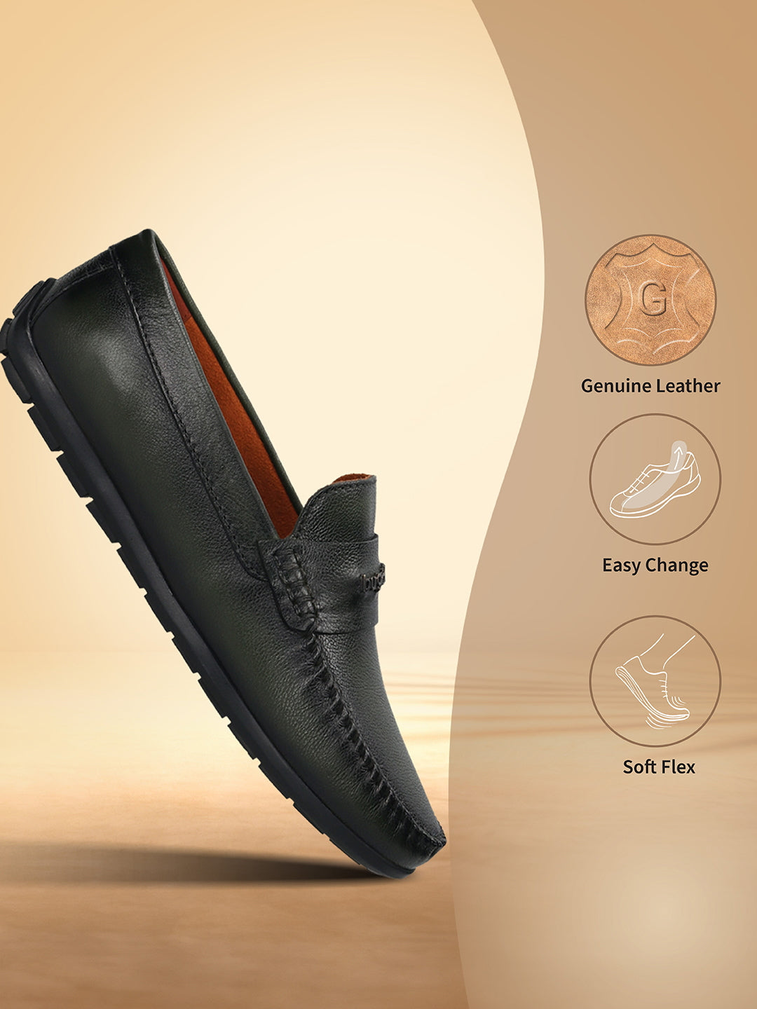 Men's Bugatti drivers green leather shoes with a round toe and apron toe , a tpr outsole.
