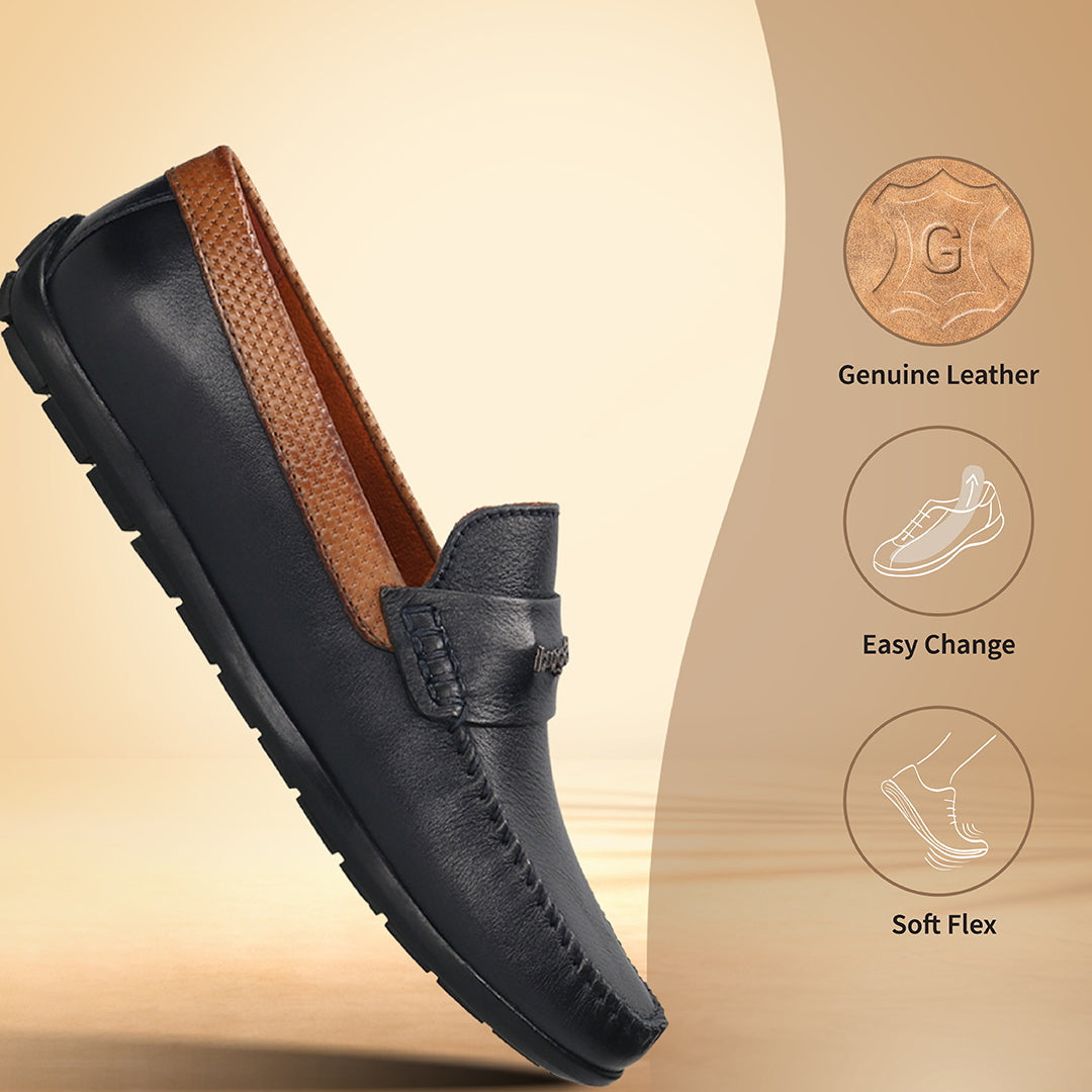 Men's Bugatti drivers blue leather shoes with a round toe and apron toe , a tpr outsole.