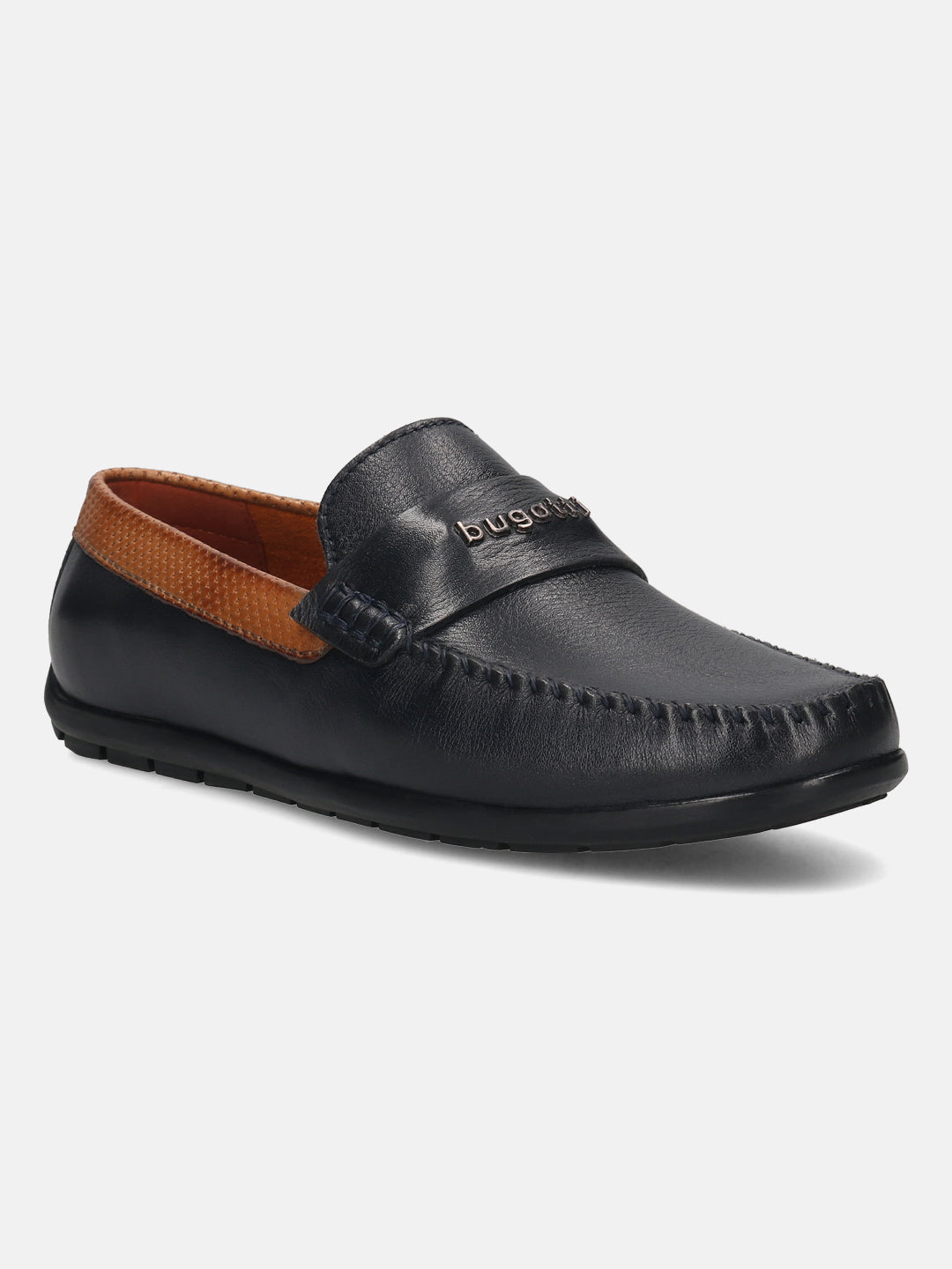 Men's Bugatti drivers blue leather shoes with a round toe and apron toe , a tpr outsole.