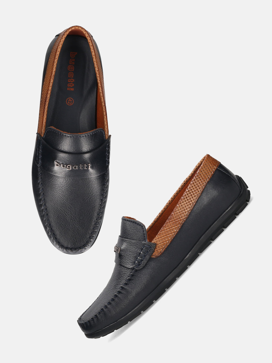 Men's Bugatti drivers blue leather shoes with a round toe and apron toe , a tpr outsole.