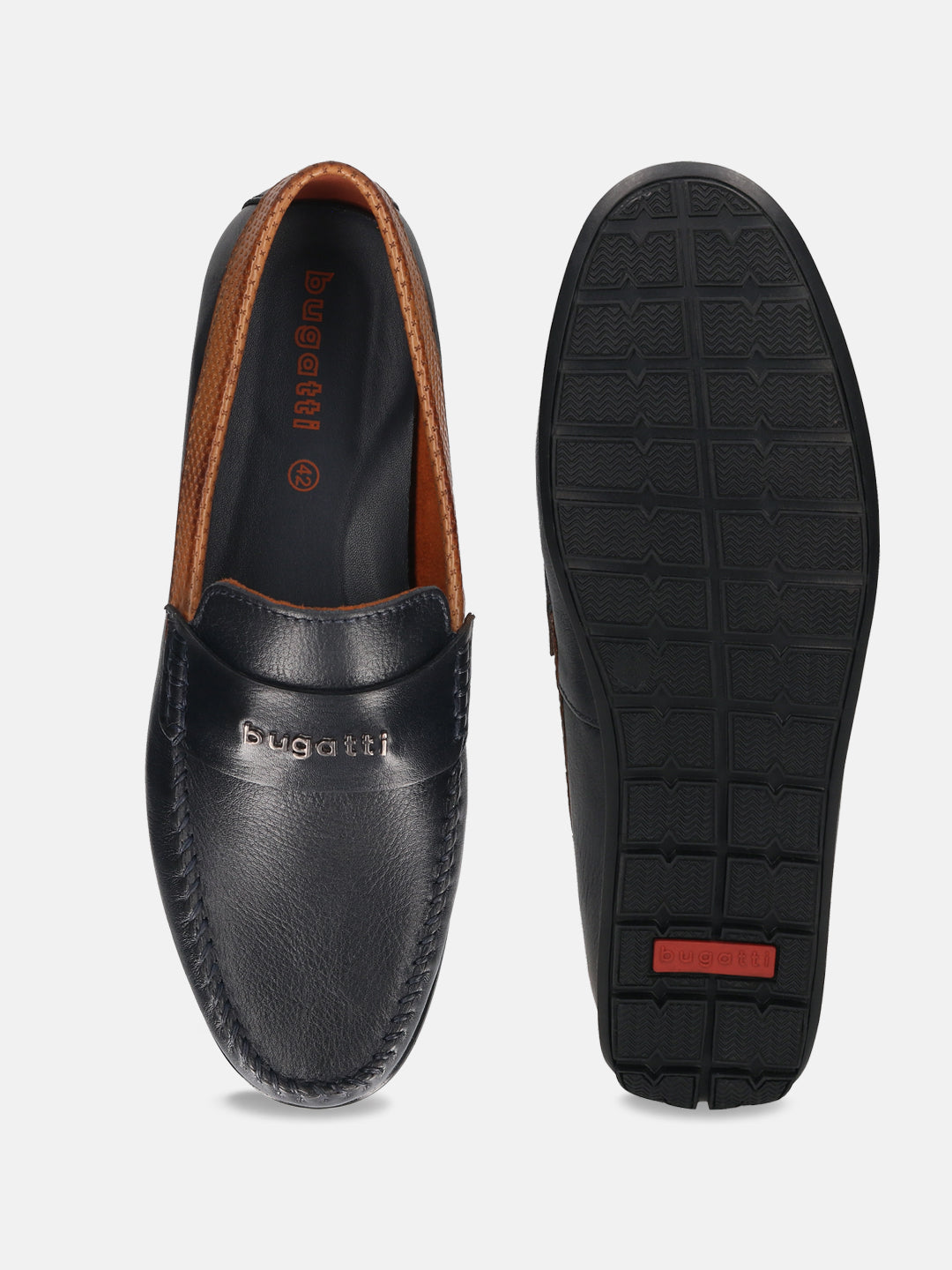 Men's Bugatti drivers blue leather shoes with a round toe and apron toe , a tpr outsole.