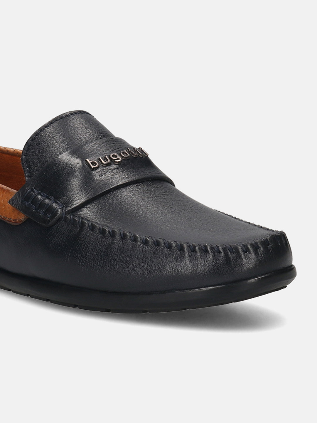 Men's Bugatti drivers blue leather shoes with a round toe and apron toe , a tpr outsole.