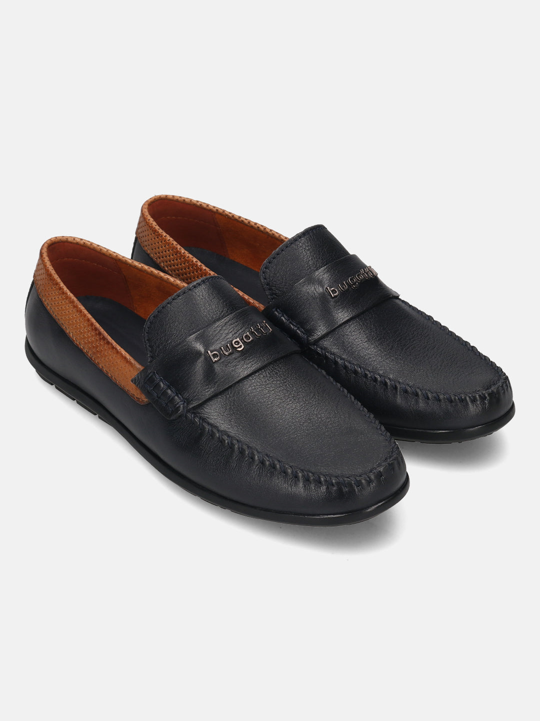 Men's Bugatti drivers blue leather shoes with a round toe and apron toe , a tpr outsole.