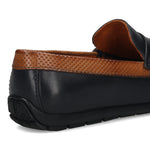 Men's Bugatti drivers blue leather shoes with a round toe and apron toe , a tpr outsole.