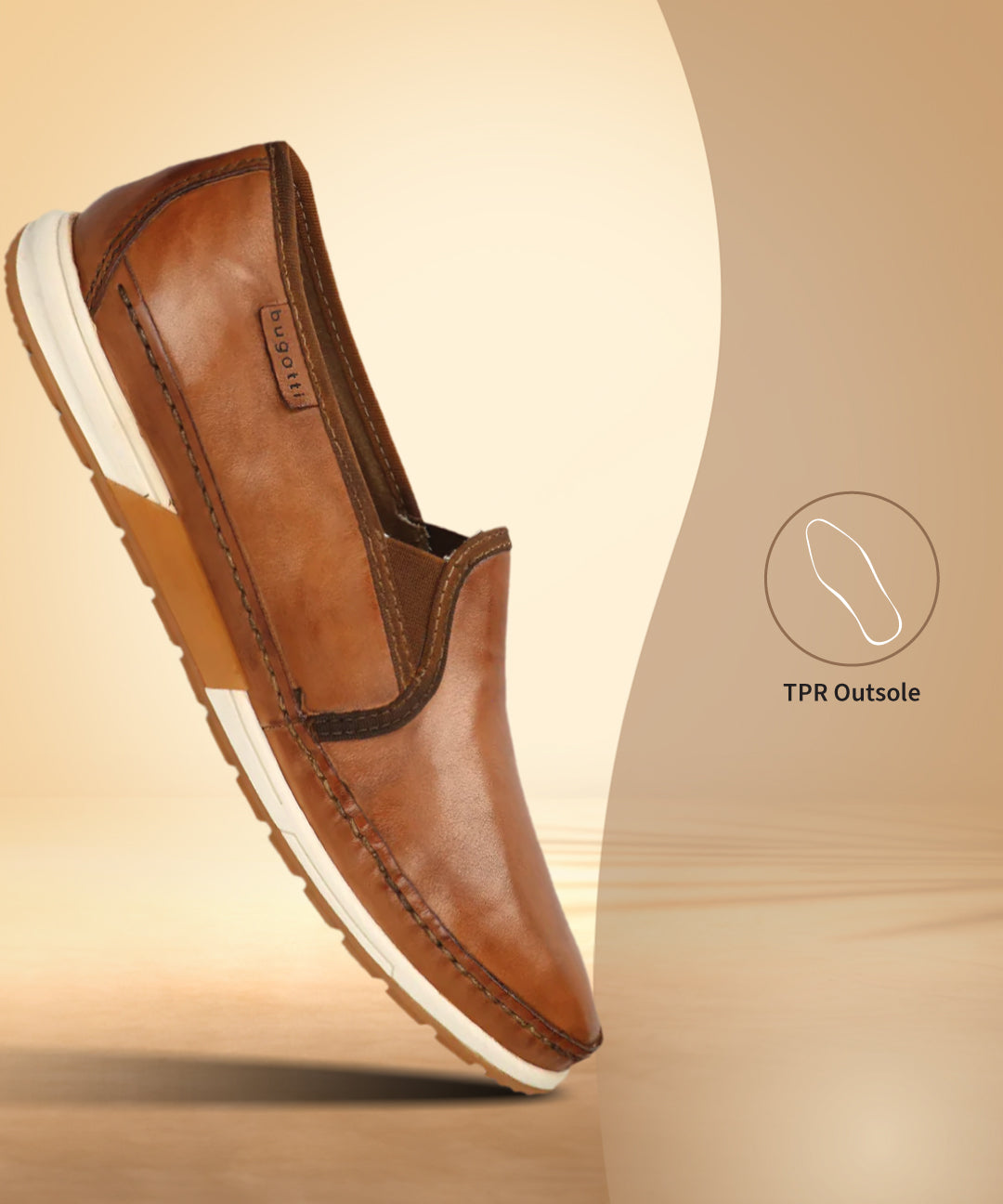 Bugatti Stowe light brown premium leather sneakers in a slip-on style, shown at an angle.
