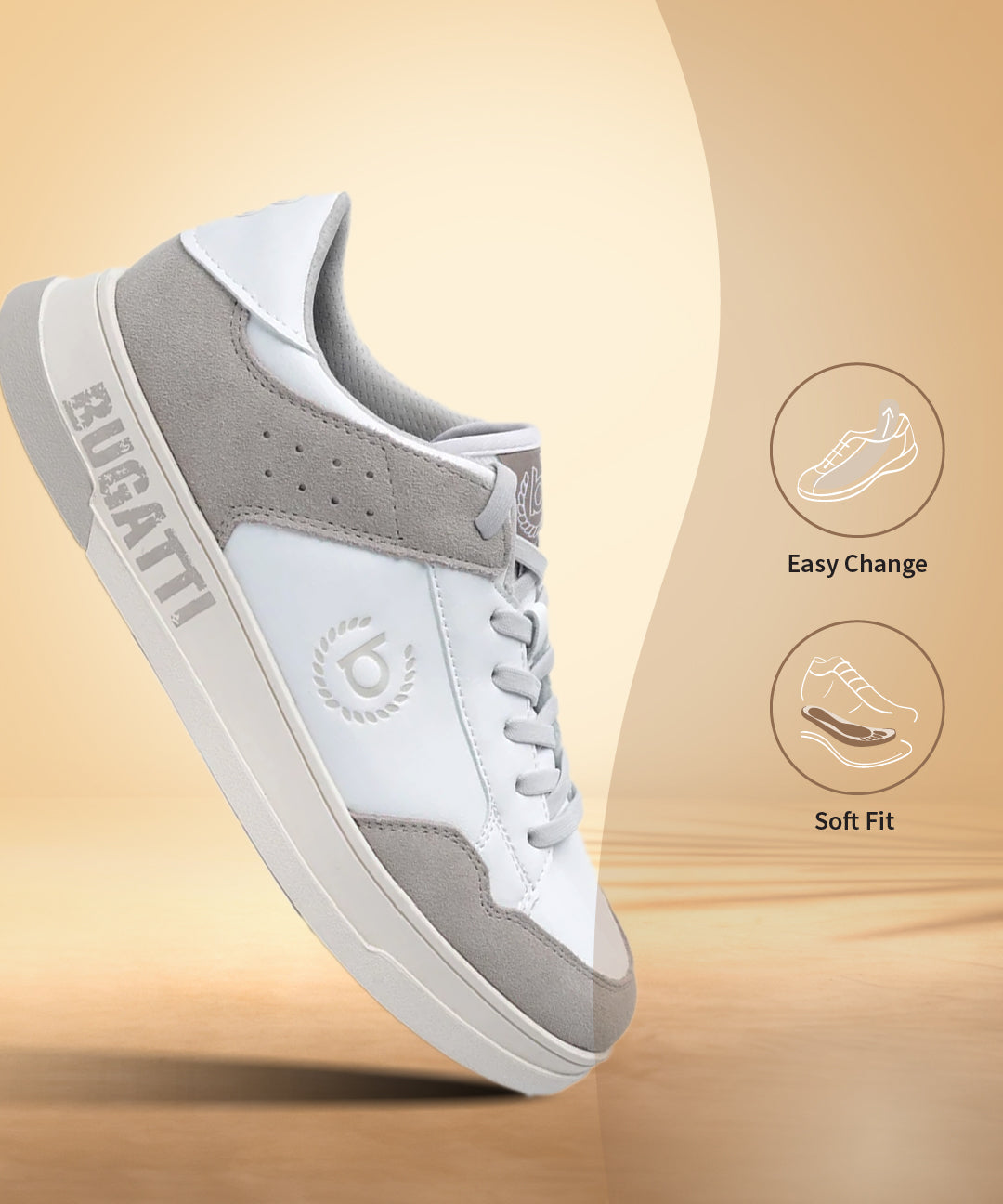 A white Men's bugatti Sneakers featuring a round plain toe, zero heels heel. Made from suede leather with a durable tpr outsole, this laces design offers both style and comfort.