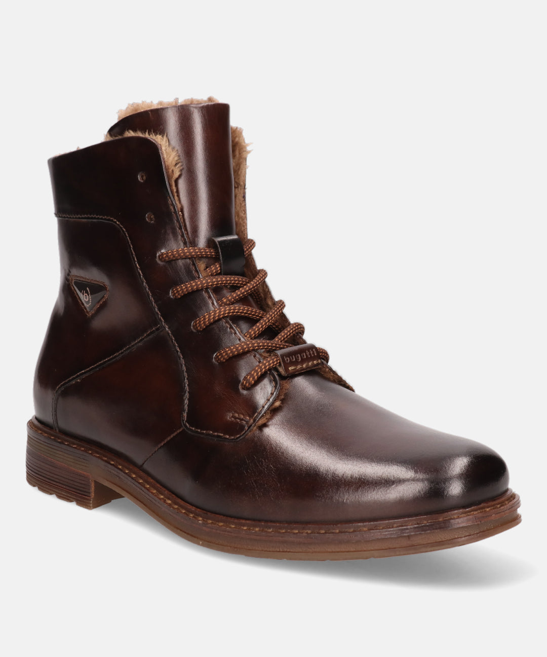 A brown Men's bugatti Ankle Boots featuring a round toe plain toe, stacked heel, and a wide fit. Made from premium genuine leather with a durable tpr outsole, this laces design offers both style and comfort.