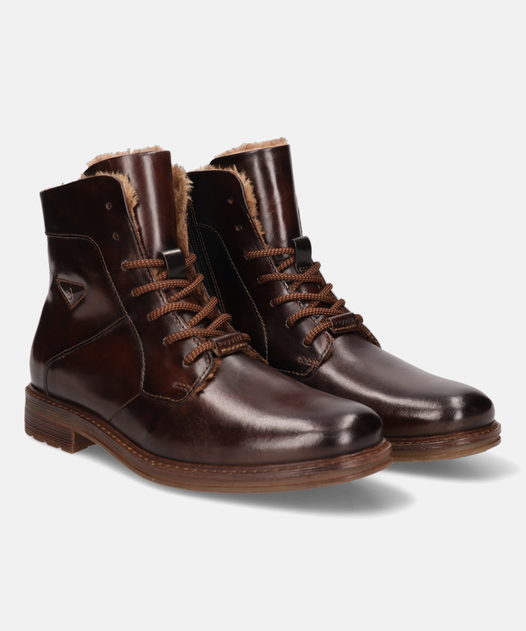 A brown Men's bugatti Ankle Boots featuring a round toe plain toe, stacked heel, and a wide fit. Made from premium genuine leather with a durable tpr outsole, this laces design offers both style and comfort.