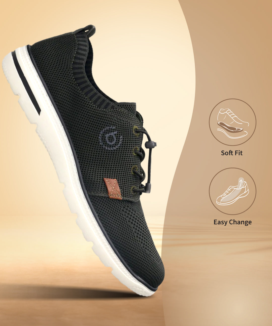 Side view of a dark green bugatti comfort sneaker with a white sole and bungee lacing.
