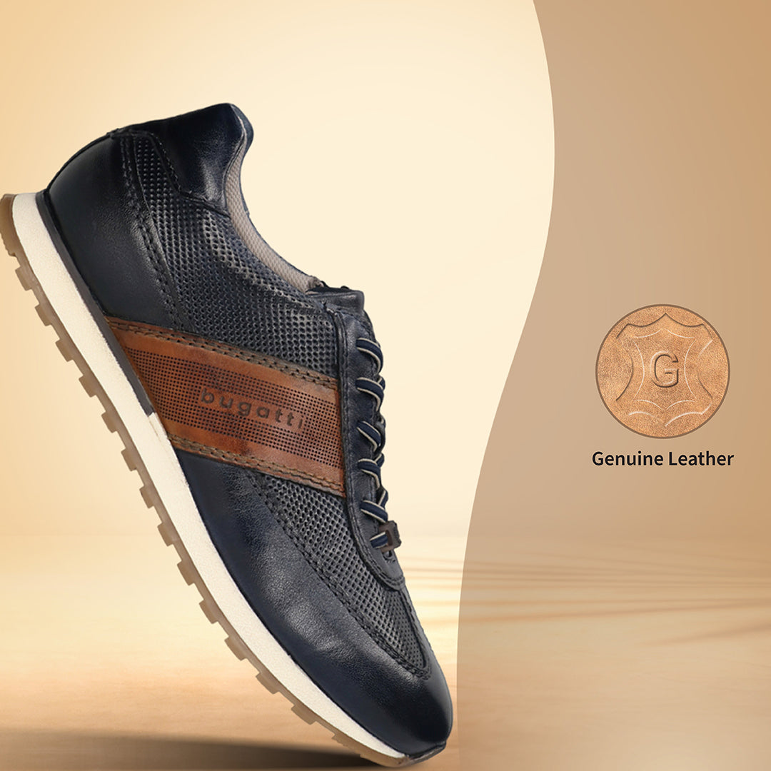 Men's Bugatti leather blue leather shoes with a round toe , a tpr outsole , and laces fastening.