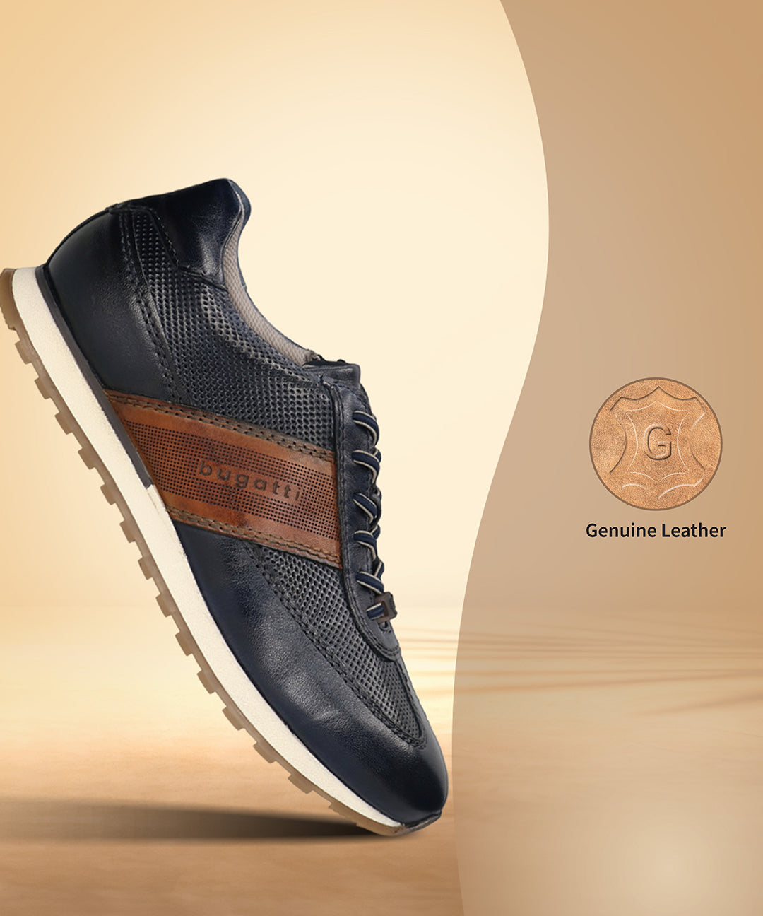 Men's Bugatti leather blue leather shoes with a round toe , a tpr outsole , and laces fastening.