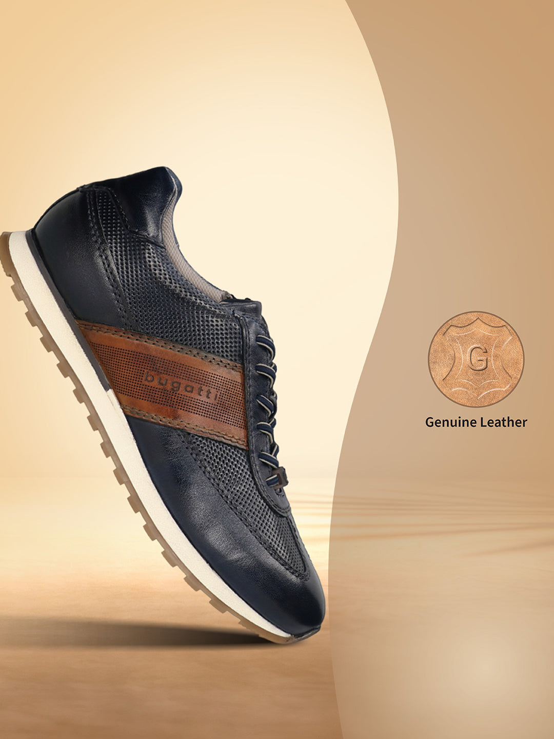 Men's Bugatti leather blue leather shoes with a round toe , a tpr outsole , and laces fastening.
