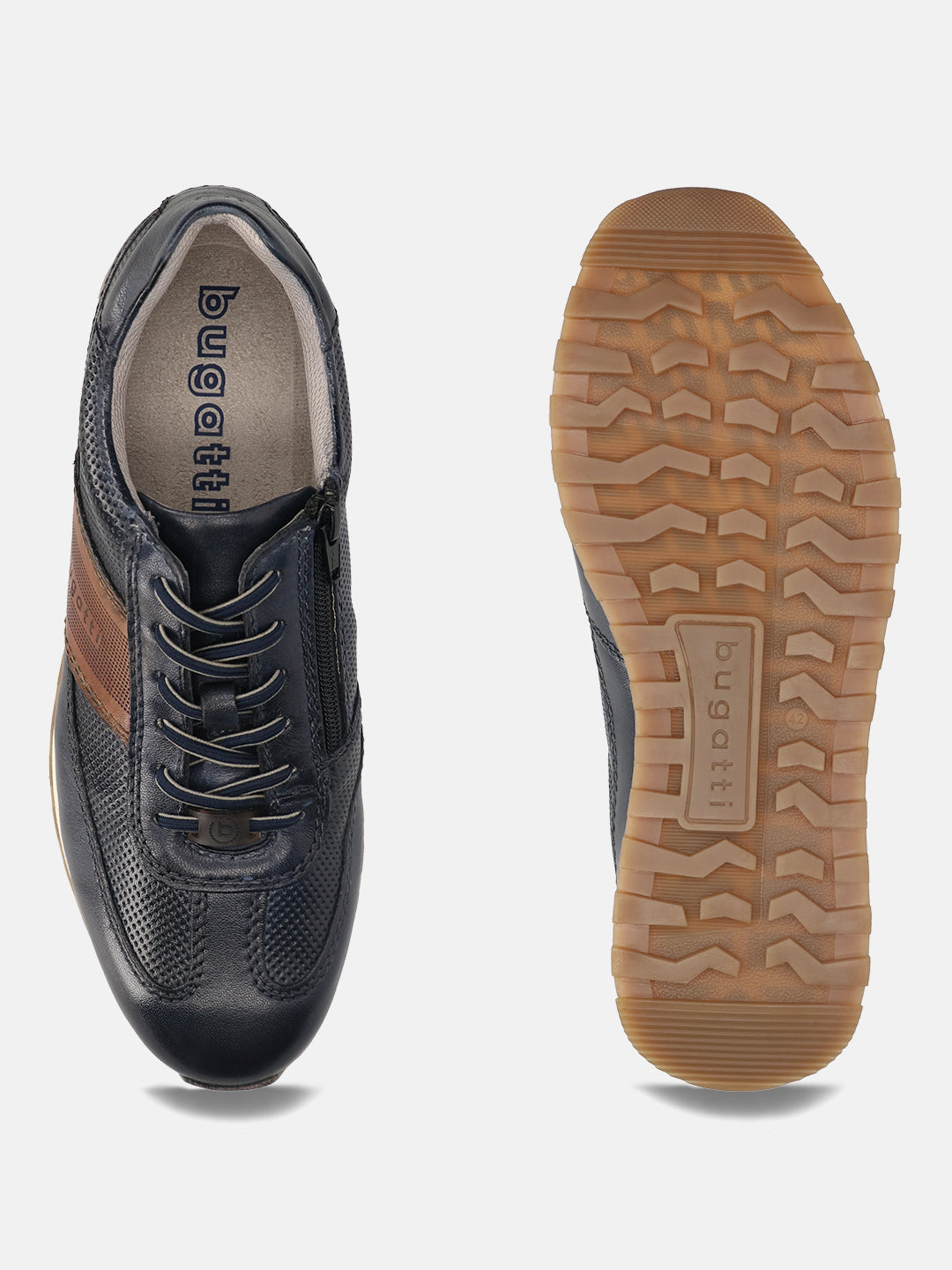Men's Bugatti leather blue leather shoes with a round toe , a tpr outsole , and laces fastening.
