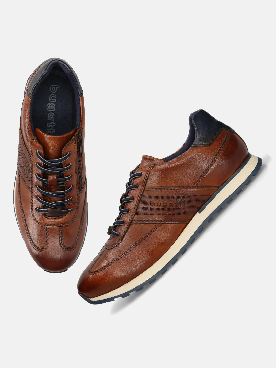 Men's Bugatti leather cognac leather shoes with a round toe , a tpr outsole , and laces fastening.