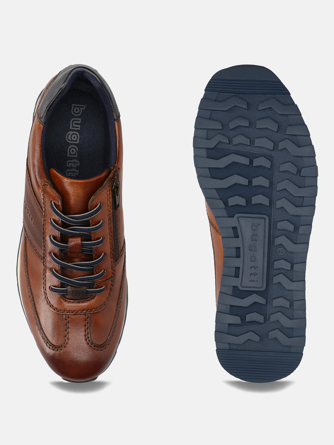 Men's Bugatti leather cognac leather shoes with a round toe , a tpr outsole , and laces fastening.