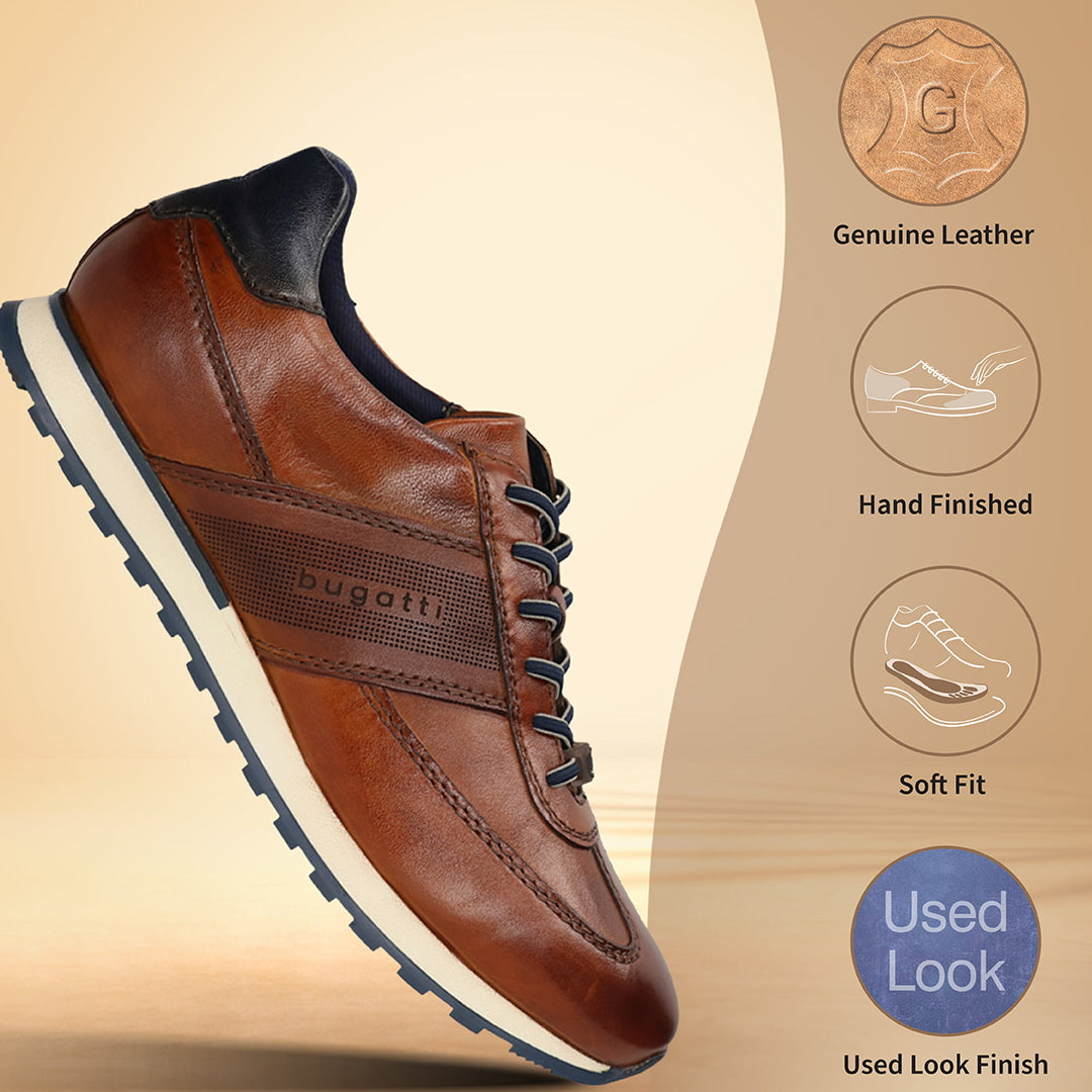 Men's Bugatti leather cognac leather shoes with a round toe , a tpr outsole , and laces fastening.