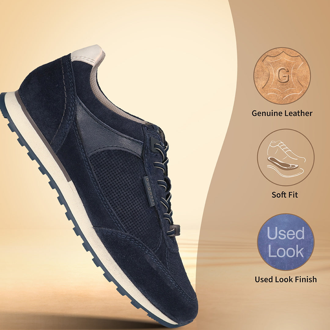 Men's Bugatti leather blue leather shoes with a round toe , a tpr outsole , and laces fastening.