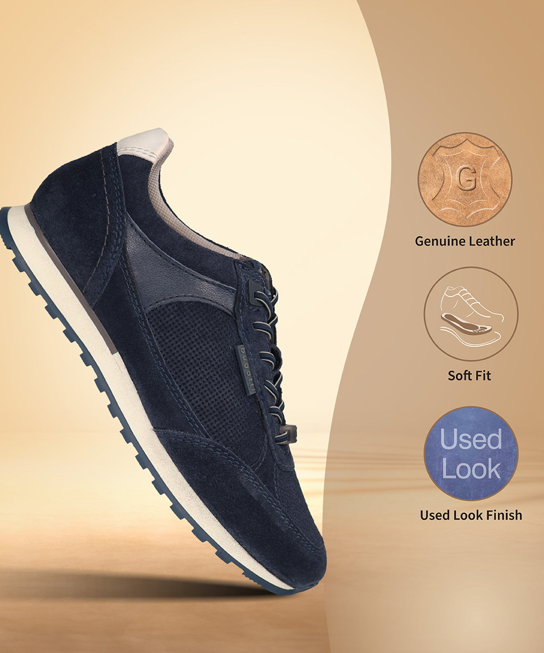 Men's Bugatti leather blue leather shoes with a round toe , a tpr outsole , and laces fastening.