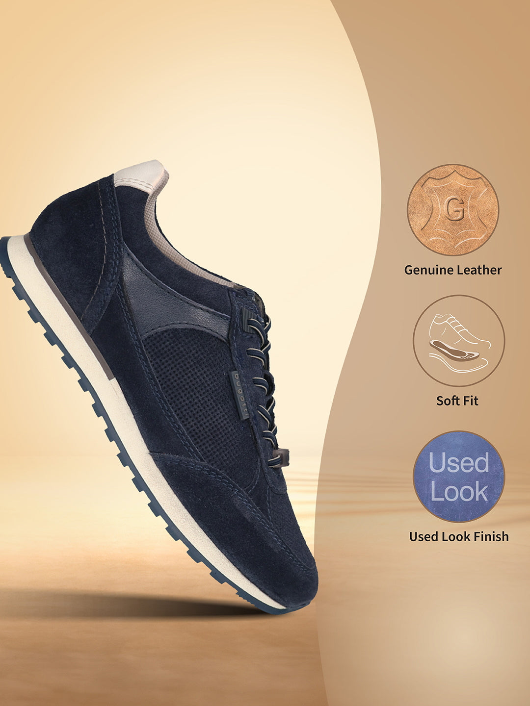 Men's Bugatti leather blue leather shoes with a round toe , a tpr outsole , and laces fastening.