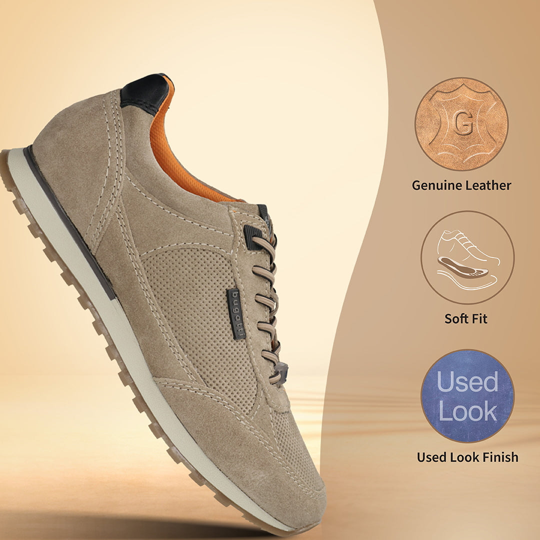 Men's Bugatti leather beige leather shoes with a round toe , a tpr outsole , and laces fastening.