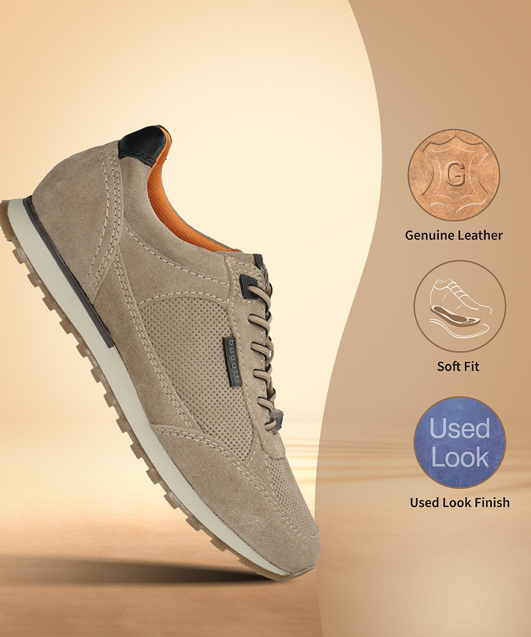 Men's Bugatti leather beige leather shoes with a round toe , a tpr outsole , and laces fastening.
