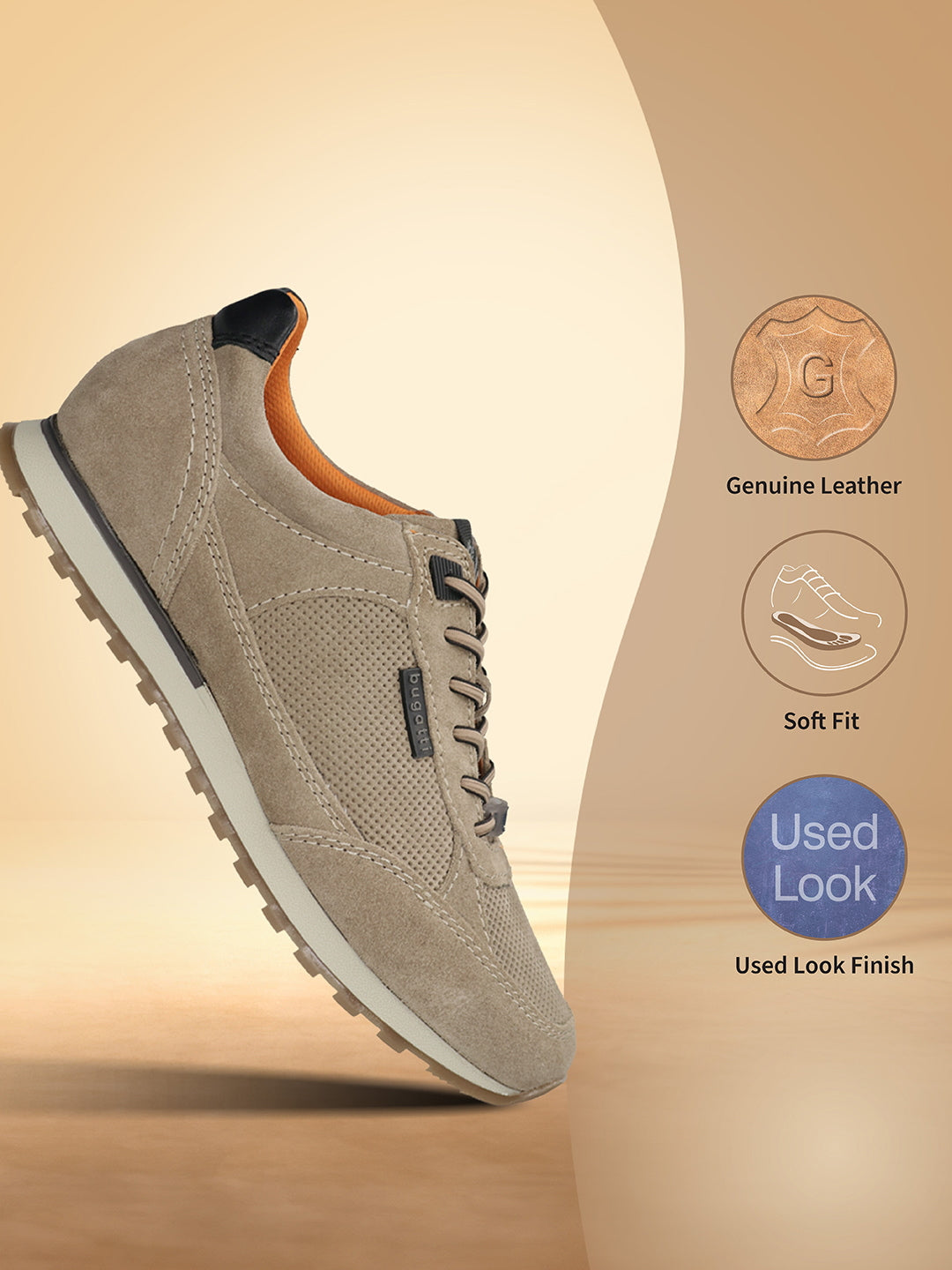 Men's Bugatti leather beige leather shoes with a round toe , a tpr outsole , and laces fastening.