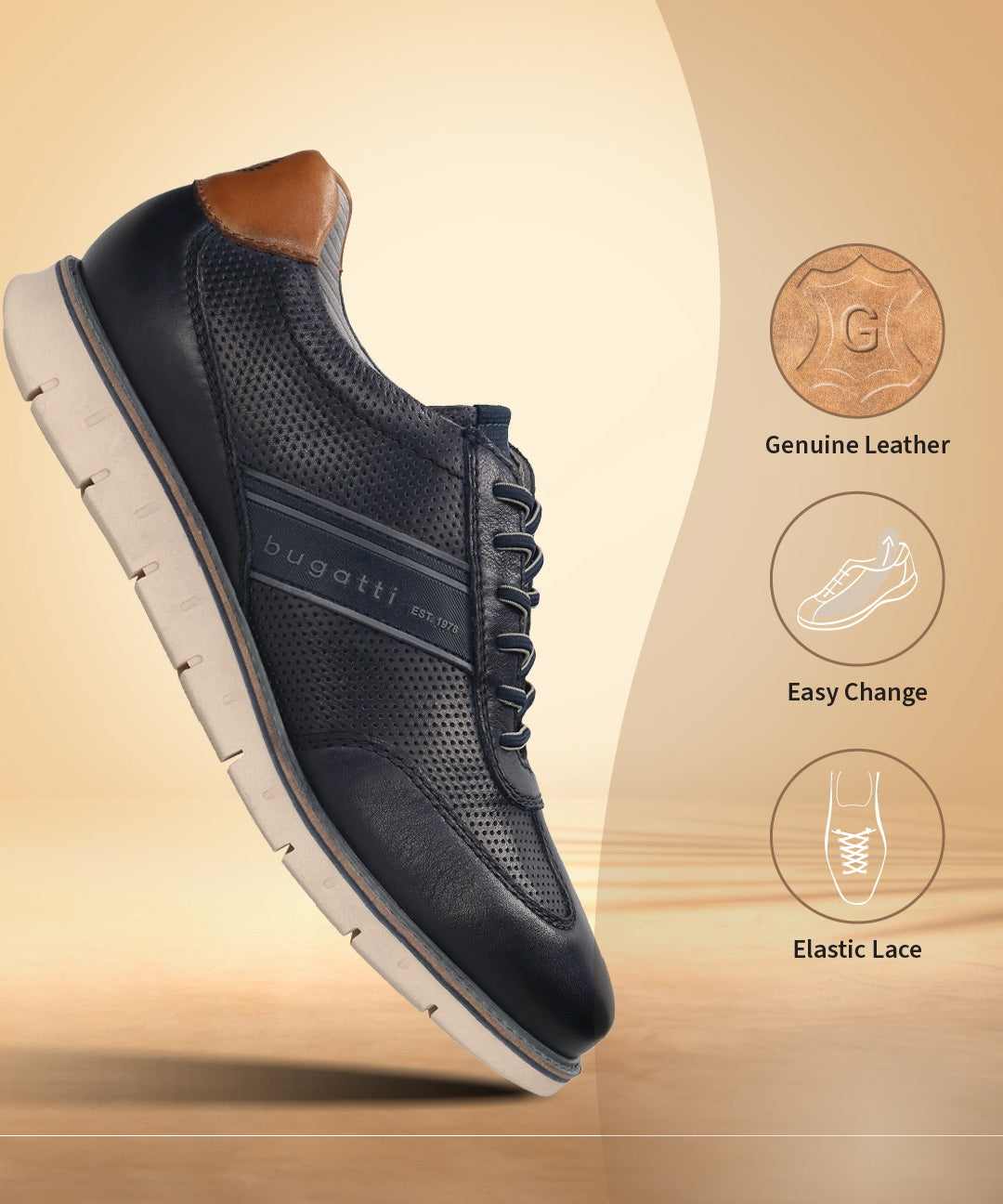 Men's Bugatti leather blue leather shoes with a round toe , a tpr outsole , and laces fastening.